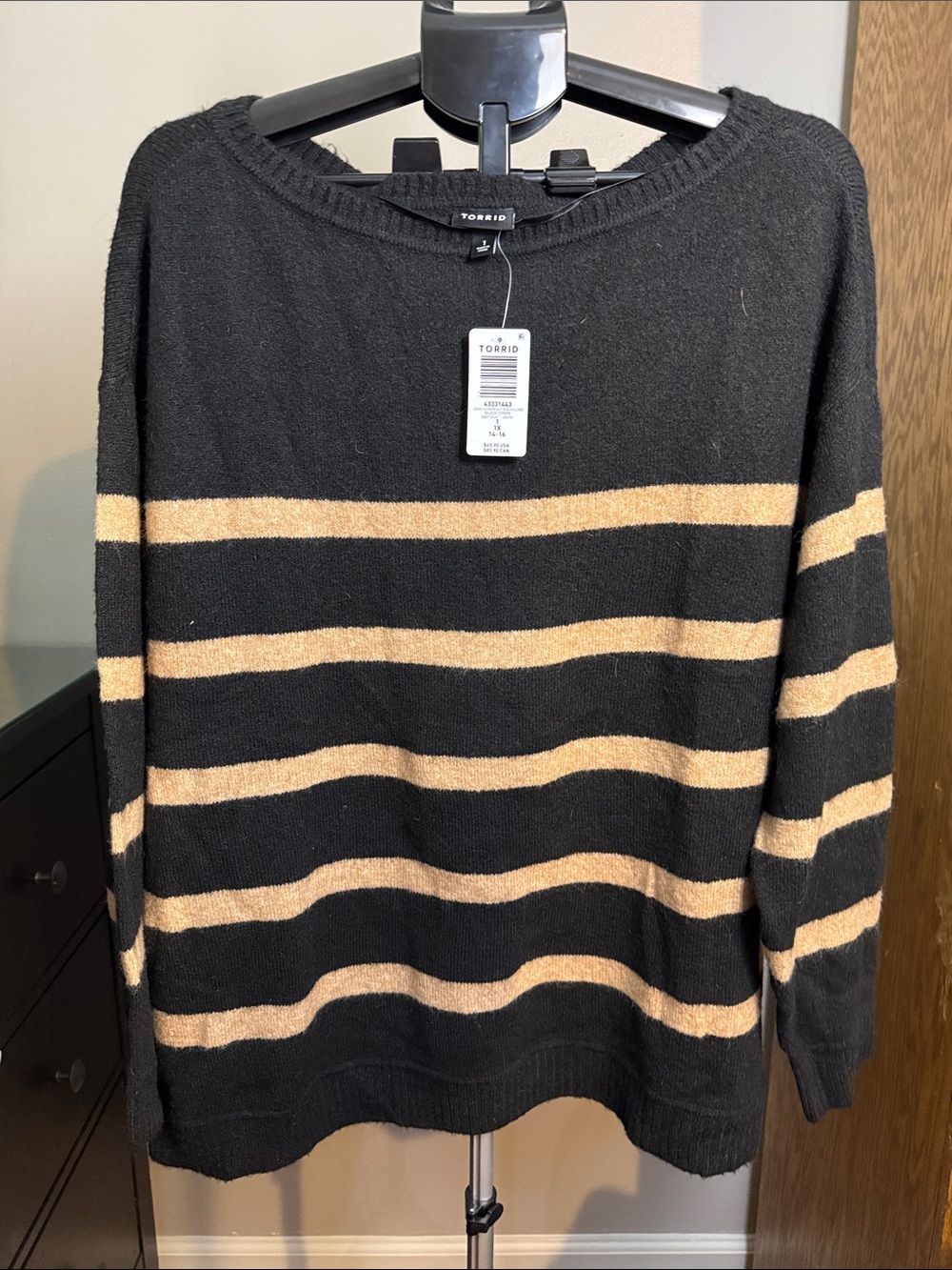 Torrid Vegan Cashmere Black and Tan Striped Boatneck Sweater